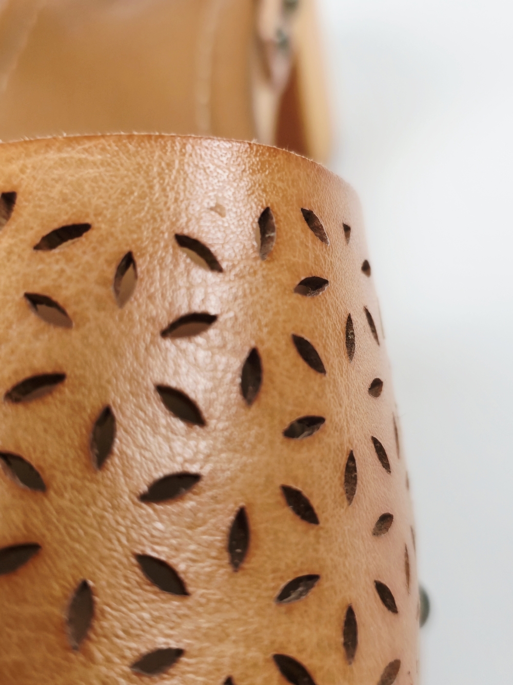 Women's Tan Woodgrain Look Laser-Cut Block Heel Sandals with Ankle Strap - Picture 14 of 16